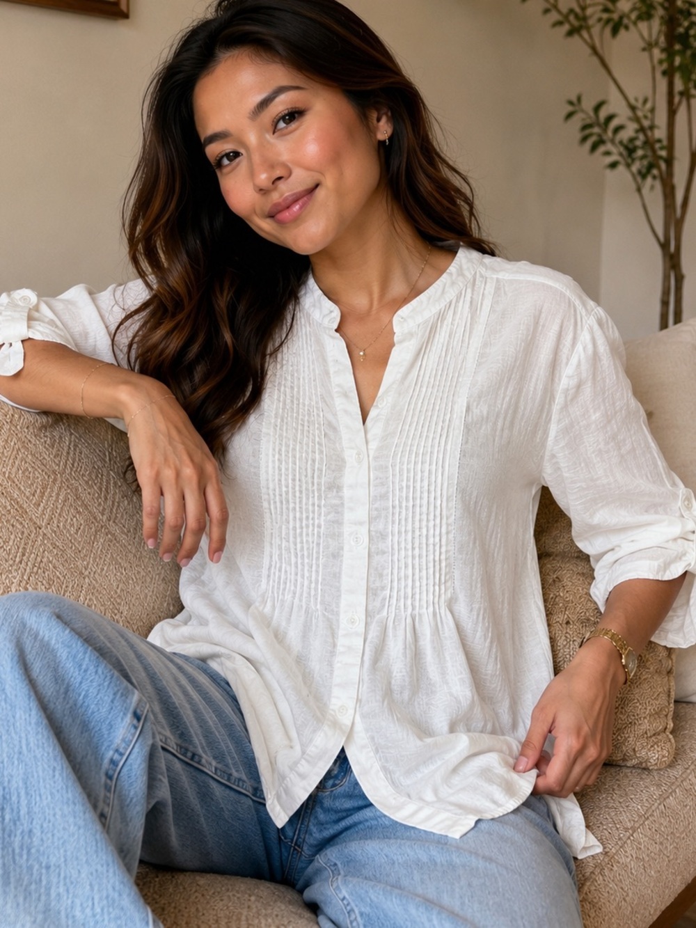 Cynthia Rowley White Linen Viscose Pintuck Roll Tab Sleeve Tunic Blouse Womens L